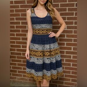 Anthropologie’s Maeve Crochet Lace Sleeveless Blue/Gray/Copper Dress Size 4